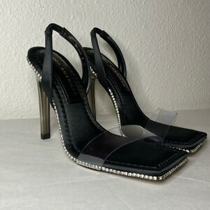 NIB Good American Shoes Womens Size 4 Black Sling back Heel Crystal Crush square